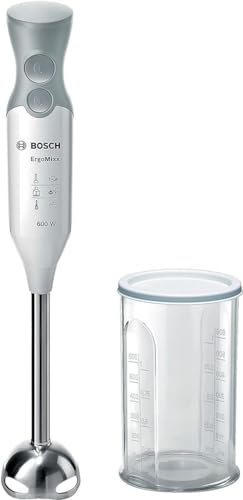 Bosch, mixeur plongeant, ErgoMixx, moteur 600 watts, variateur de vitesse, système de mixage QuattroBlade, accessoires inclus, blanc/gris , MSM66110