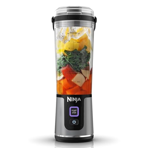 Ninja Blast Blender portable, 530 ml, couvercle résistant aux fuites et bec verseur, mini blender sans fil puissant, rechargeable, smoothies, shakes protéinés, mixe fruits et glaçons, noir, BC151EUBK